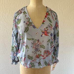 NANETTE LEPORE | Womens Hummingbird Smocked Top $89 NEW Size M Whirlpool Artsy